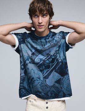 T-shirt à manches courtes mosaïque, , Coton, Bleu, S