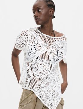 T-shirt en crochet asymétrique, Blanc, S