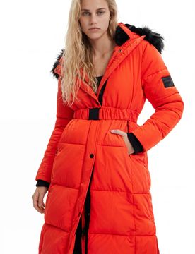 Abrigo largo padded cinturón, Poliester, Naranja, XS