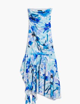 Vestido bandeau asimétrico, Poliester, Azul, XS