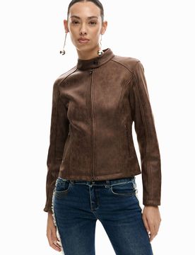 Chaqueta efecto piel, Poliester, MarróN, XS