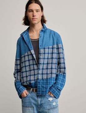 Chemise patch à carreaux, , Coton, Bleu, S