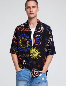 Chemise imprimée tribale, Coton, Bleu, S