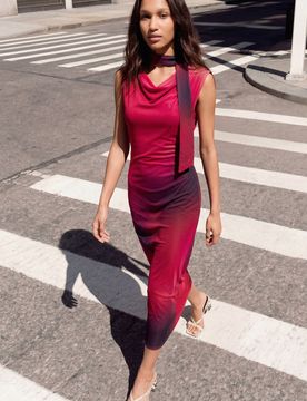 Vestido drapeado asimétrico, Mujer, Poliester, Rojo, XS
