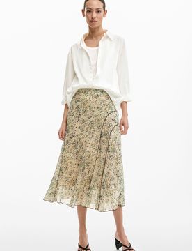 Falda midi silvestre, Poliester, Blanco, XS