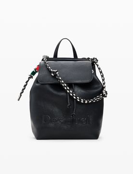 Mochila mediana trenzada, Mujer, Poliuretano, Negro, U