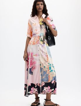 Vestido Largo Estampado, Viscosa, Rojo, XS