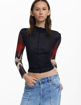 T-shirt à manches transparentes, , Polyester, Noir, XL