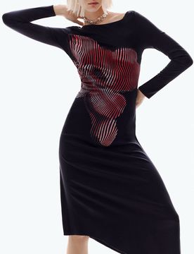 Vestido midi pixelado, Mujer, Viscosa, Negro, XS
