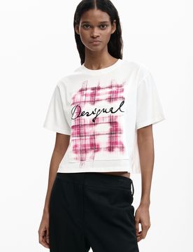 T-shirt logo à carreaux, , Blanc, XS
