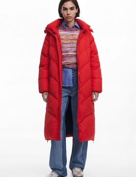 Manteau long matelassé, Polyamide, Rouge, XS