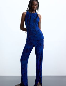 Pantalón flocado, Mujer, Poliester, Azul, XS