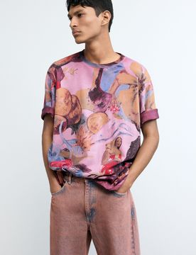 T-shirt imprimé floral, , Coton, Rouge, S