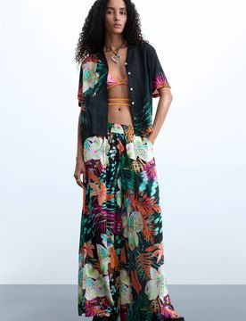 Pantalón estampado flores, Mujer, Viscosa, Negro, XS