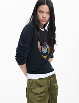 Sudadera broderies cœur, , Coton, Noir, XS