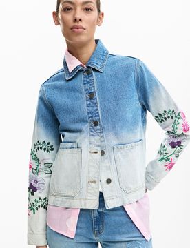 Veste en jean à fleurs, , Coton, Bleu, XS