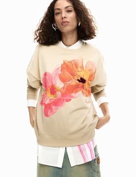 Sweat-shirt imprimé floral, , Coton, Rouge, S