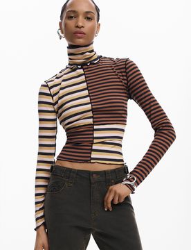 Camiseta manga larga cuello alto, Mujer, Algodon, MarróN, XS