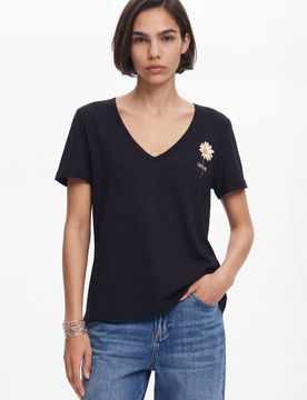 Camiseta escote pico flor, Algodon, Negro, XS