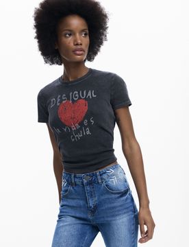 T-shirt cœur, , Coton, Noir, M