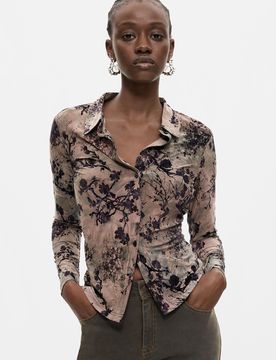 Camisa Flocada, Mujer, Poliester, Negro, XS