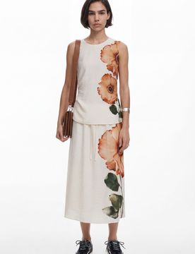Falda midi flores, Negro, XS