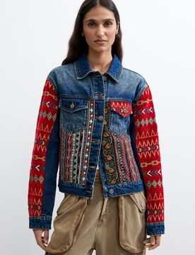 Veste en denim ethnique, Coton, Bleu, XS