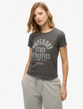 Para mujer. W1011604A Camiseta ajustada gráfica Athletic oscuro (XS), Casual, Algodón, Manga corta