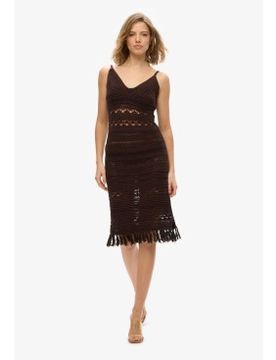 W8011856A Robe midi en crochet marron avec pompons (L), Casuel, Sans manches / bretelles, Le coton biologique, Durable