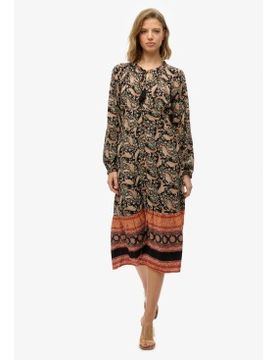 W8011887A Robe midi imprimée noire (S), Casuel, Manche longue, Le coton biologique, Durable
