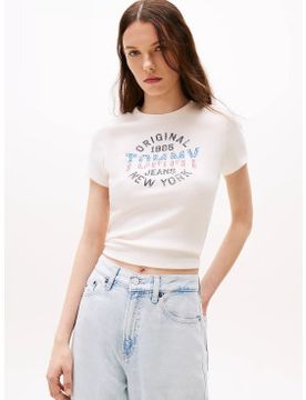 Para mujer. DW0DW21421 Camiseta acanalada con logo New York (L), Casual, Algodón, Manga corta