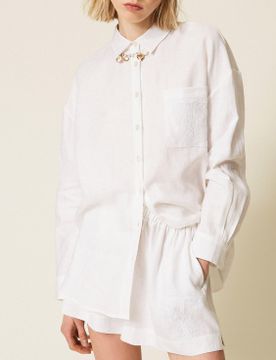 Para mujer. 261TT2301 Blusa camisera de lino con logo bordado (40), Casual, Manga larga