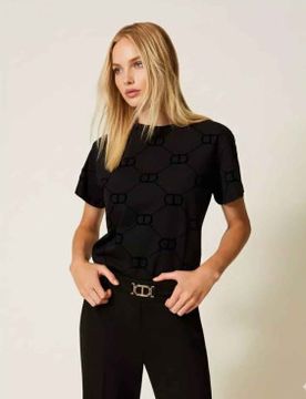 Para mujer. 252TP2055 Camiseta con estampado flocado Oval T (L), Casual, Algodón, Manga corta