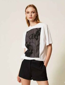 Para mujer. 252TP2053 Camiseta oversize con bordado (XS), Casual, Algodón, Manga corta