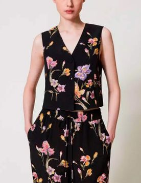 Para mujer. 251TP2777 Chaleco de crepé de China con flores (44), Casual, Viscosa