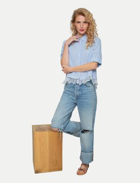 Streifenbluse mit Spitzensaum Blau 38