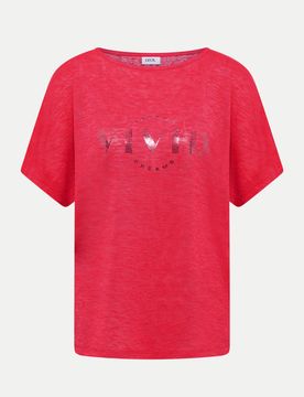 Shirt Mit U-Boot-Ausschnitt S Regular Fit,Damen,Polyester,Casual,Kurz,Rot,Schriftzug,U-Boot Ausschnitt