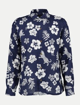 Polo Leinenhemd mit tropischen Print Blau XL