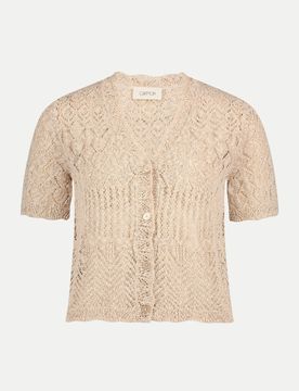 Strickjacke Mit Ajour-Muster 42 Unifarben,Damen,V-Ausschnitt,Casual,Baumwolle,Beige,Kurz,Modern Fit
