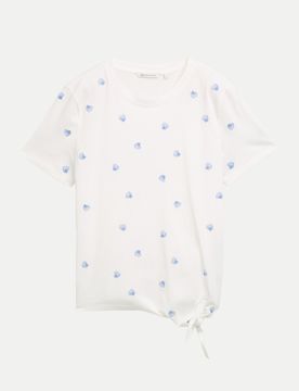 Besticktes T-Shirt mit Knotendetail Weiß M