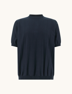 Maglia girocollo in cotone piuma con dettagli in lino uomo blu