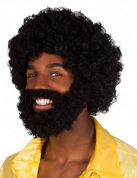 Er-Herrenperücke Afro mit Vollbart Disco-Kostümzubehör schwarz