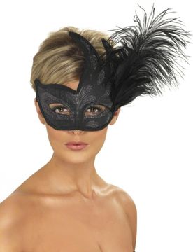 Venezianische Augenmaske Glitzer Federn schwarz