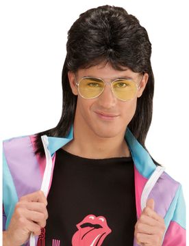 Er Jahre Vokuhila Perücke mit Brille schwarz-gelb