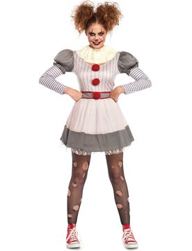 Psycho-Clown-Kostüm für Damen Halloween weiss-grau-rot - female