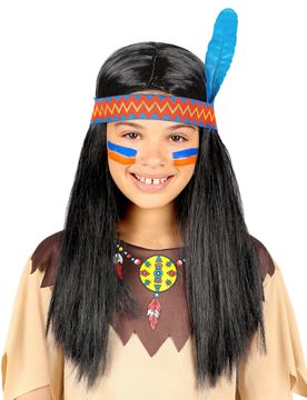 Indianer-Perücke mit Band und Feder für Kinder bunt