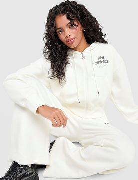 Womens Felpa con Cappuccio Crop Full Zip Graphic Swoosh - Crema, crema crema Donna taglia XS