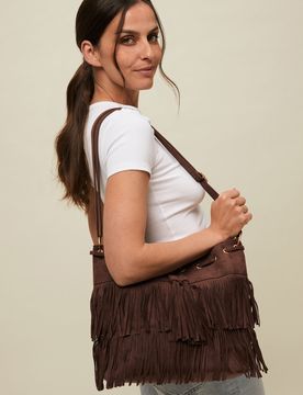 Apache suede-effect bucket bag with fringing