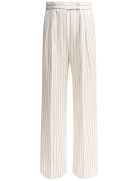 Clarion' Pants in Pinstriped Cotton and Linen Blend, Wide Leg, Zip, Hook and Front Button Closure, Pockets