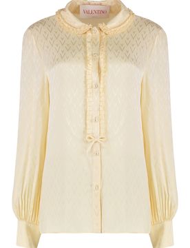 Ruffled Lace-trimmed Polka-dot Silk-chiffon Shirt